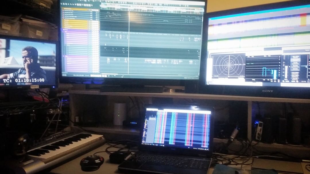 image of computer and monitors for film sound post-production